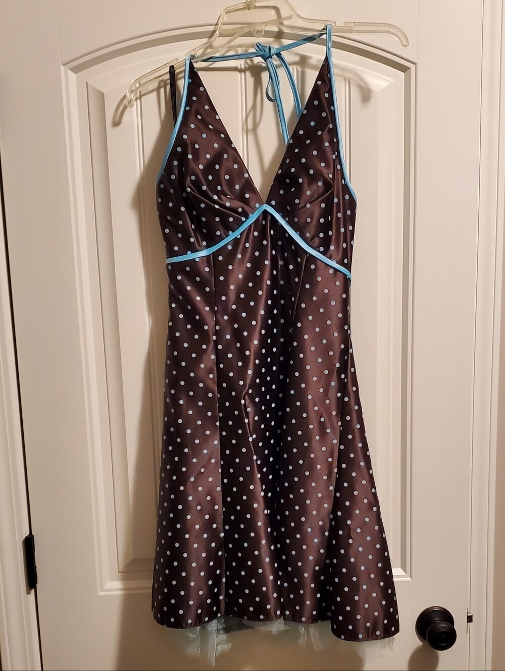 Jessica McClintock Polka Dot Cocktail Dress with Light Blue Trim